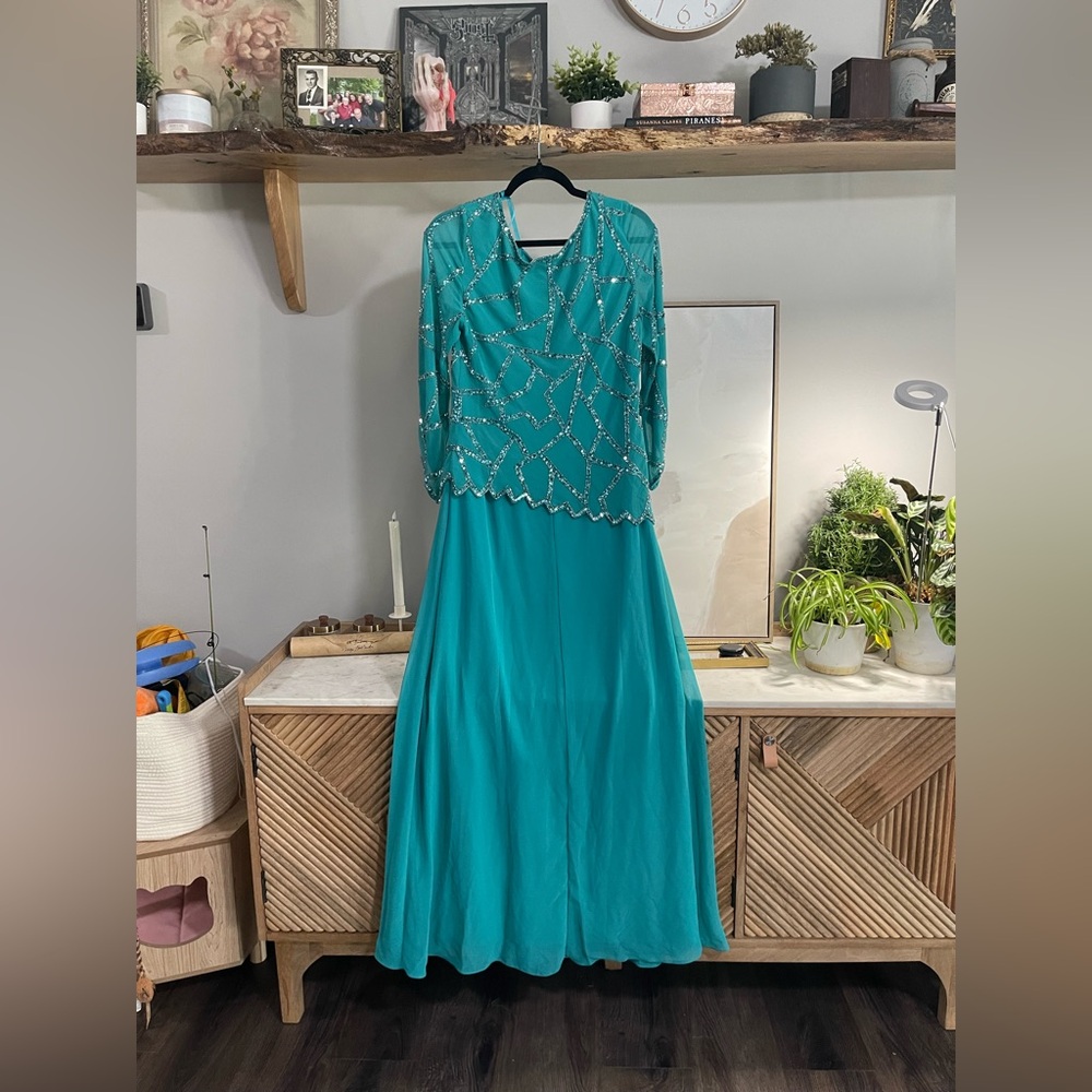 NWT J Kara Teal Long Sleeve Beaded Dress - Picture 3 of 5